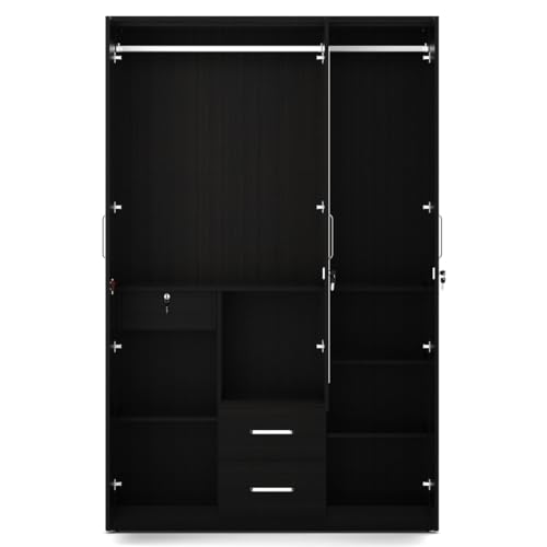 Image of Spacewood Apex 3 Door Wardrobe with Mirror | Natural Wenge Finish | Engineered Wood Almirah with 3 Drawers (1 Lockable) & 2 Hanging Spaces | Bedroom Cupboard Almari | 3-Year Warranty
