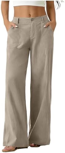 Womens Cotton Linen Dress Pants Button High Waisted Wide Leg Busi...