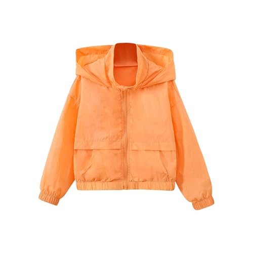 Kids Girls Waterproof Windbreaker Jacket Solid Color Long Sleeve Zip Up Hoodie Boys Lightweight Orange 11-12 Years