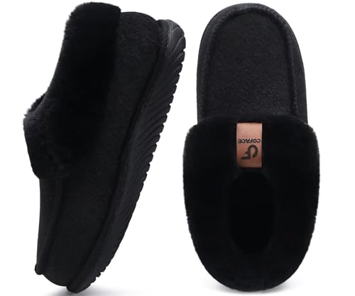 COFACE Women's Arch Support Memory Foam House Slippers Lady Warm Fuzzy Faux Fur Collar Winter Moccasin Shoes with Orthotic Plantar Fasciitis Indoor Outdoor Hard Rubber Sole Black Size 7