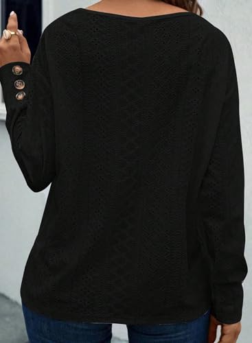 Eytino Plus Size Tops for Women Casual V Neck Long Sleeve Buttons Hollow Out Lace Embroidered Blouses Shirts(1X-5X)2