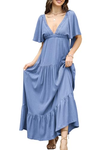 Image of Kikibell Women Summer Dresses Sexy V-Neck Maxi Dress Tiered Silhouette with Flutter Sleeve Backless Elastic Waist Flowy Dress