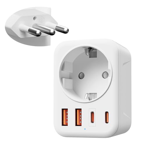 Denlane Adapter Italien Steckdose 5 in 1 Reiseadapter Italien mit 1 AC & 2 USB-C & 2 USB-A(3.4A) 3-Polig Italien Stecker Adapter für Chile Uruguay Äthiopien Eritrea Syrien Reisestecker Typ L