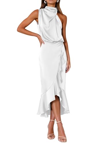 Image of KIRUNDO Women's Summer Satin Mock Neck Wedding Guest Dress