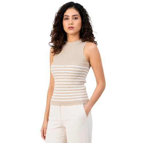 Image of Kalt Womens Knitted, Ribbed Cotton Fitted Sleeveless Round Neck Cami Tank Top