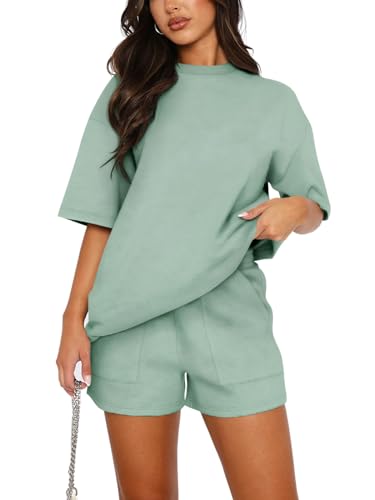REORIA Damen Tracksuit Kurzarm Rundhalsausschnitt Einfarbig Zweiteiler Hausanzug Loungewear Outfit Jogger Trainingsanzug Set Grau Grün M