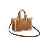 Women Suede Tote, Faux Shearling Trim and Detachable Strap, Fluffy Fuzzy Autumn Winter fashion Crossbody bag (brown)