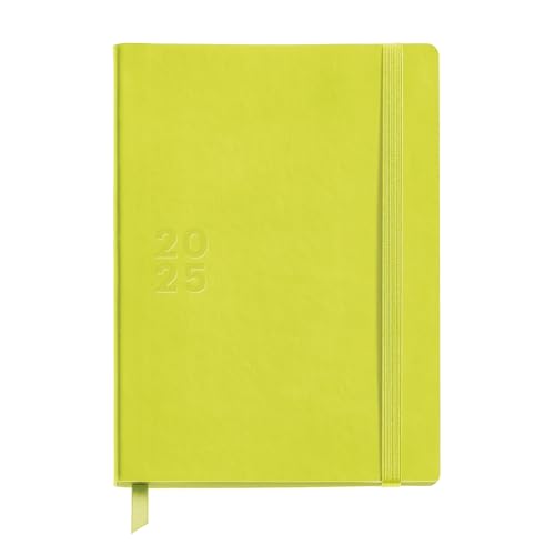 Miquelrius - Agenda 2025, Tamaño 155 x 213 mm, Agenda día página, Cubierta cosida símil piel, Papel sostenible 100 g/m², Cierre goma, Español, Inglés y Portugués, Flúor