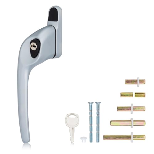 XFORT Cranked Locking Window Handle Installation Kit in Satin Chrome, Left Hand UPVC Window Handle Replacement, Offset Lockable Window Lever