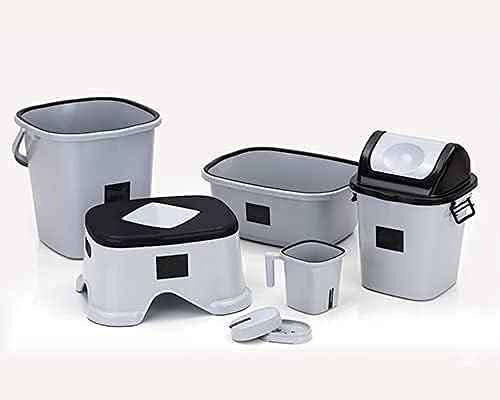 Shulabh Creative Set of 6 Plastic Bathroom Accessories Set Bath Set Bathroom Bucket, Mug, Stool, Soap Case, Tub and Dustbin(Gray)
