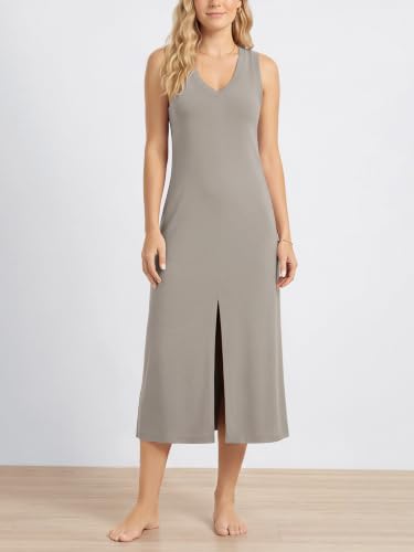 Image of ODODOS Modal Soft Front Split Midi Dress for Women, V Neck Sleeveless Casual Summer Tank Dress