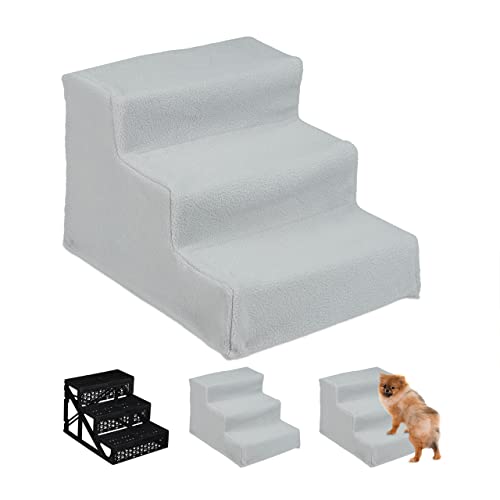 Relaxdays Hundetreppe 3 Stufen, kleine & große Hunde, Bett & Couch, Stoffbezug, Tiertreppe innen, HBT 30x35x45 cm, grau