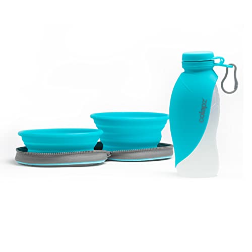 Reiseset - Zwei faltbare Hundenäpfe mit Hunde Wasserflasche für unterwegs - Reisezubehör für Haustiere und Welpen - Zubehör für Hundespaziergänge  - Blau Cover