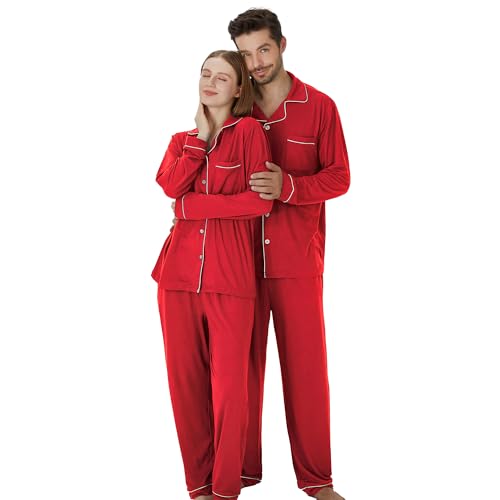 Matching Pajamas for Couples, Button Up Pjs Set for Men and Women Soft Warm Loungewear(Red Men, Small)
