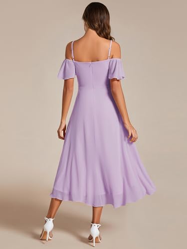 Image of Ever-Pretty Women's Summer Cold Shoulder Hi-Lo Asymmetrical Hem Flowy Chiffon Short Wedding Guest Dress 02103