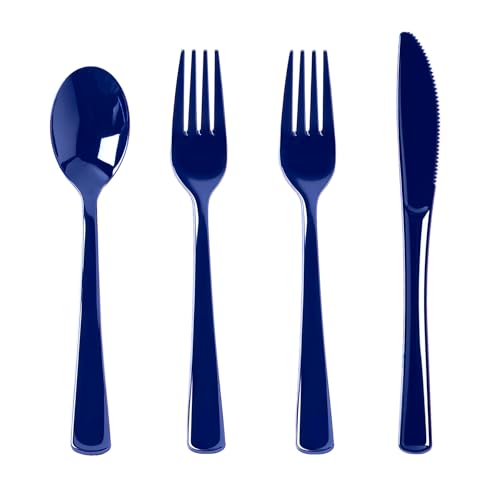 100 Count Navy Blue Plastic Silverware Heavy Duty Disposable Cutlery Set 50 Forks 25 Spoons and 25 Knives Plastic Utensils Set for Party Birthday Wedding