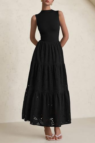 Image of PRETTYGARDEN Summer Dresses for Women 2026 Casual Eyelet Sleeveless Wedding Guest Maxi Dress Tank Top Sundress with Pockets