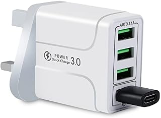Multi USB fast charger plug,4 USB A Port Fast USB Charger plug UK,USB Charger for iPhone 13/13 Mini/13 Pro Max/12/12 Pro/11/XS Max/XR,iPad Pro,Galaxy S21 S20 S10Gift:USB C to USB Adapter)White)