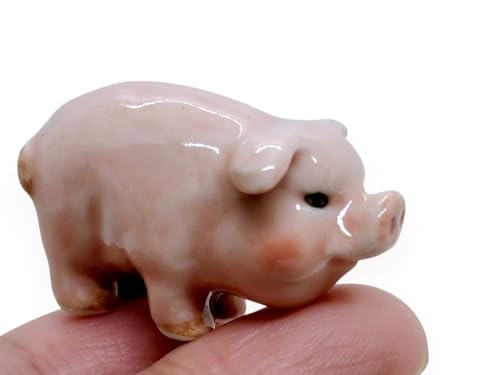 Image of WitnyStore Tiny 1⅜" Long Smiling Standing Pig Figurine - Miniature Hand Made Painted Ceramic Pigs Swine Hog Piglet Livestock Farm Animals Cute Porcelain Decorative Collectible Figures Décor Gifts