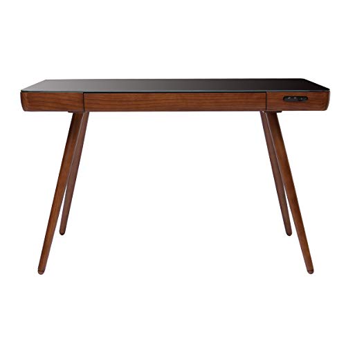 Miliboo Escritorio con conexión multimedia con cajón de cristal color negro y madera oscura nogal