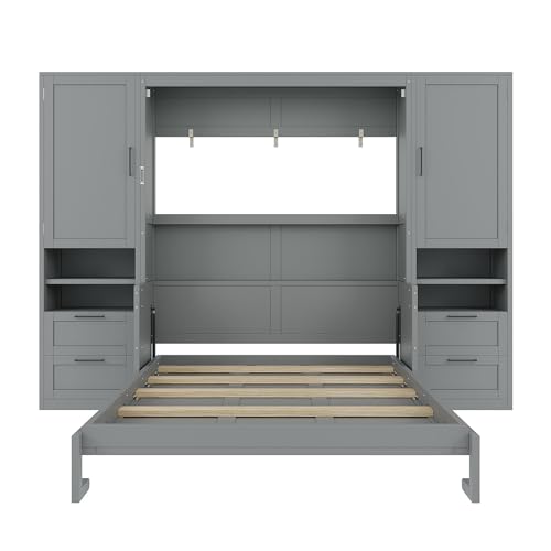 Image of Merax Queen Size Murphy Bed with Desk, Multifunctional Foldable Wall Bed with Closet, Drawers and Shelves, Space-Saving Wood Platform Bed Frame for Small Spaces Studio Study Office Guest Room, Gray