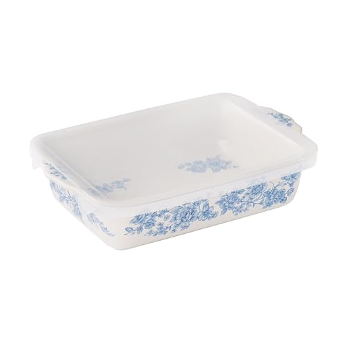 Rectangular Baking Dish with Lid 7x11 Inch Ceramic Stoneware Floral Design Scalloped Edges Oven Safe