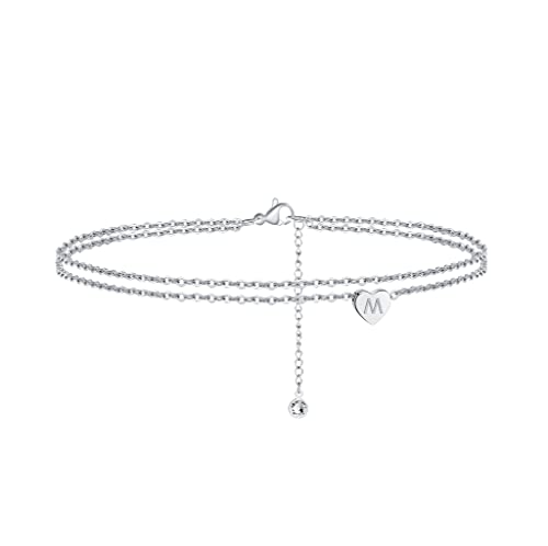 Turandoss Layered Initial Ankle Bracelets For Women, 14K White Gold Filled Layered Anklet Beach Style Summer Initial Ankle Bracelets For Women Anklet With Initials M #TOP8