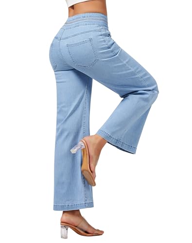 roswear Women's Wide Leg Petite Jeans High Waisted Stretchy Cropped Denim Pants2