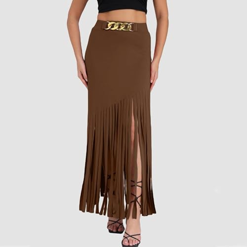Womens Faux Suede Fringe Trim Midi Skirt Casual High Waist Bodycon Pencil Skirt Western Country Concert Outfits3