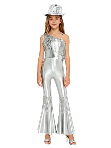Pantalon évasé fille 13-14 ans costume disco et chapeau thème jazz rétro argenté