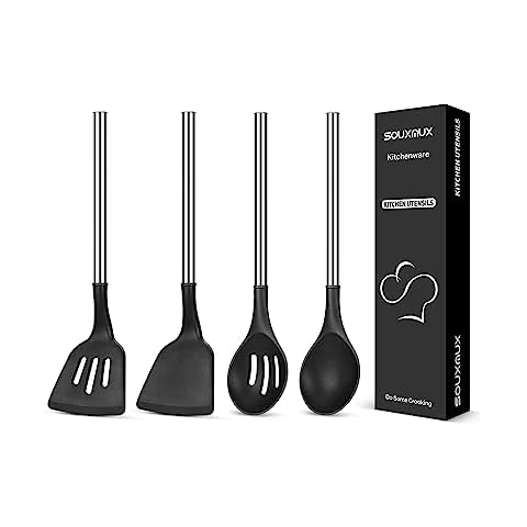 4 Pcs Silicone Kitchen Utensils Set, Wok Spatulas-Slotted Turner-Cooking Spoon-Slotted Spoon, Non-Stick BPA Free Heat-Resistant Basting Stainless Steel Handle Kitchenware for Cooking, Mixing, Serving Cover