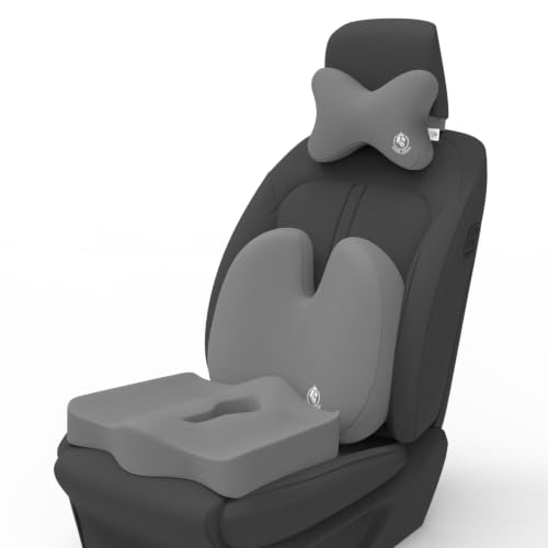 Image of MRRON Memory Foam Posture Corrector Car Seat Cushions Combo | Orthopedic Backrest, Coccyx Cushion & Neckrest | Ergonomic Lumbar Comfort Seat Cushion | Reduces Sciatica, Back Pain. (Grey, Backpro)