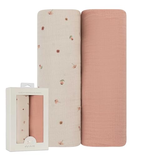 Image of Ely's & Co. Muslin Swaddle Blanket 2-Pack — 100% Cotton Muslin Extra-Large Swaddle Blankets (47” x 47”) Solid + Printed (Pink Garden Flower)
