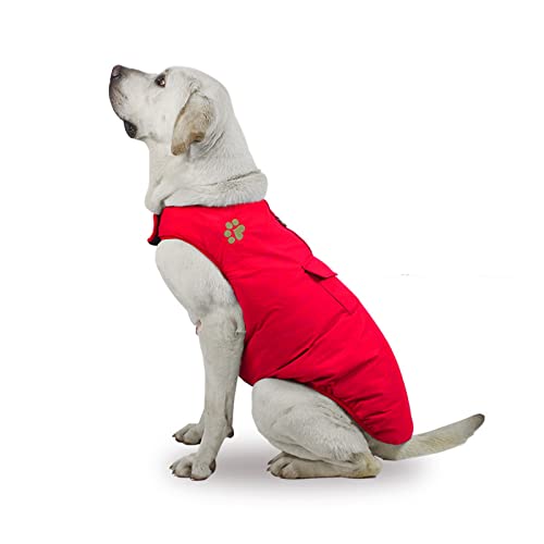 PETCUTE 犬 服 冬 ペット服 両面使用 ジャケット ハーネス コート ダウン風 ベスト 犬洋服 パーカー ドッグウエア 保温 防寒 可愛い 冬服 ワンちゃん ハーネス穴 リード穴あり 簡単マジックテープ脱着 抜け毛防止対策 防寒 小型犬 中型犬 大型犬向け レッド/L