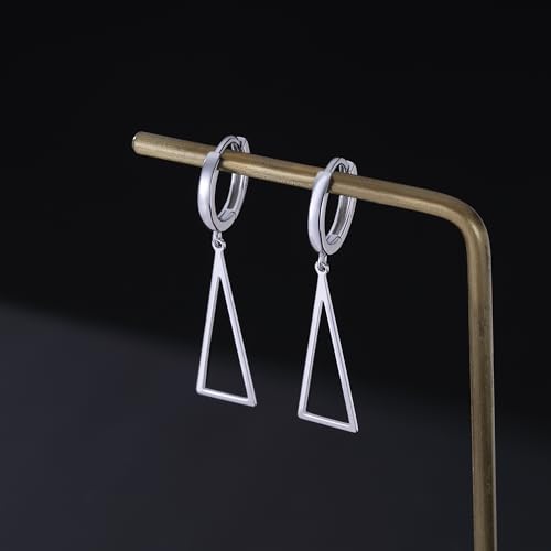 Reffeer Solid 925 Sterling Silver Triangle Earrings Hoop Dangle for Women Teen Girls Geometric Dangle Earrings Huggie 6
