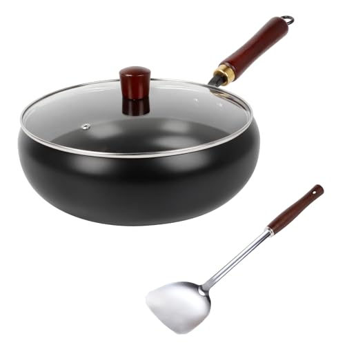 Yallmie Poêle en Fonte Wok 28cm, Poêle Antiadhésive Sans Revêtement avec Couvercle en Verre, Poignée en Bois et Pelle en Inox, Wok en Fonte Grand Ventre Forgé à La Main pour Induction, Gaz et Autres