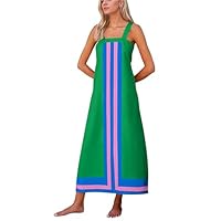 Ailoqing 2025 Women Bohemian Floral Dress Summer Casual Color Block Maxi Beach Overall Dress Coverups(GreenBlue-S)