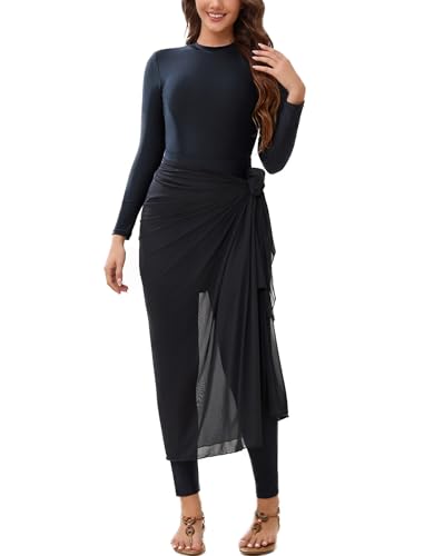 IKADEX Muslim Swimsuits for Women Burkini Swimwear 5 PCS Full Covered Rash Guard Surfing Bathing Suit Wetsuit with Swimming Cap Black L