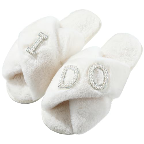 Xuhal Bride Slippers I Do Slippers Women's Wedding Shoes for Bride Plush Furry Warm White Open Toe Cozy Fluffy Bridal Party Wedding Fuzzy Soft House for Bachelorette Party