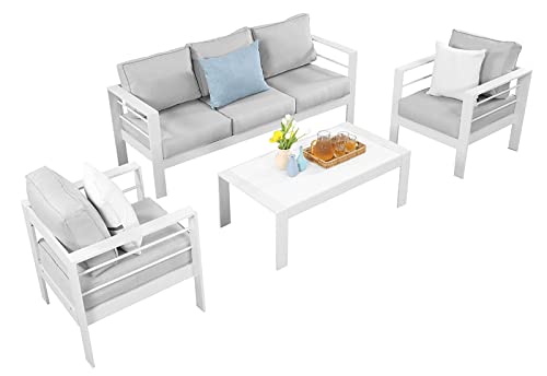 MeXo Lounge-Set Aluminium 6-7 Personen Gartenmöbel Set Metall Modern, Garten Sitzgruppe Wetterfest mit Sofa Sessel Tisch Olefin Kissen Auflagen für Indoor Outdoor (Weiß - für 5 Personen) Cover