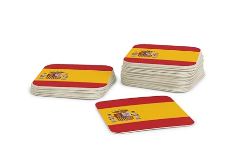 Lot de 50 dessous de verre - En carton carré (9,3 cm x 9,3 cm) - Décoration de table EM avec drapeau espagnol