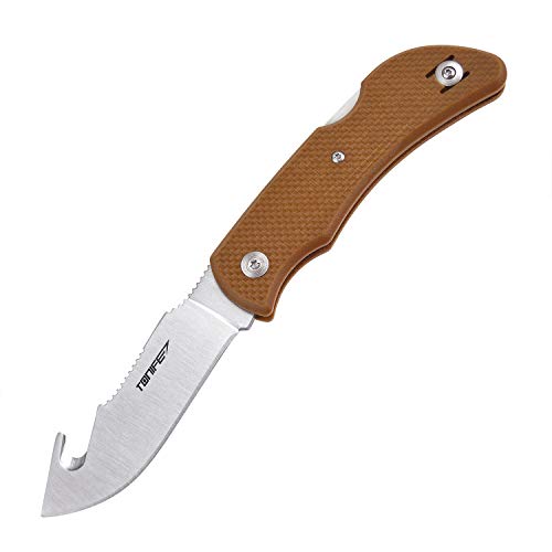 TONIFE Rhinoceros Grip Hook Folding Skinning Hunting Knife with Aus-8 Stainless, Camping Pocket Knife with G10 Handle Pocketclip (brown)