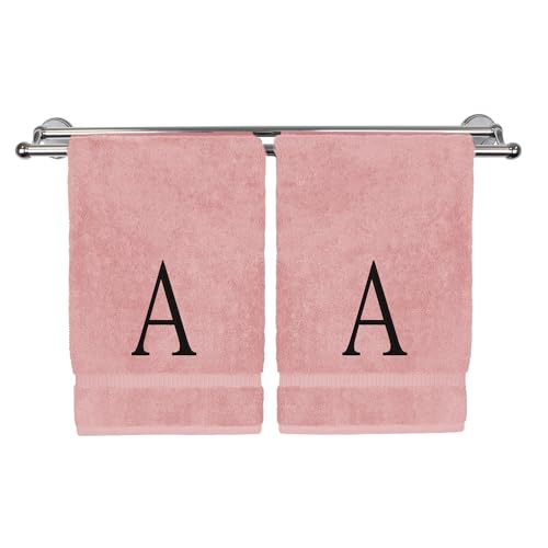 Monogrammed Hand Towel, Personalized Initial Gift, Extra Absorbent 100% Turkish Cotton - Soft Terry Finish - Set of 2 - Black Block Initial A - Embroidered on Pink Towels