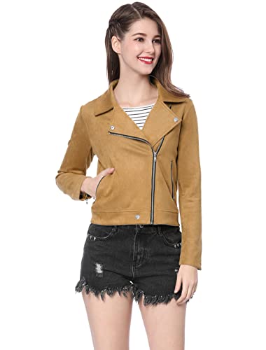 Allegra K Women's Short Soft Zip Up Faux Suede Biker Moto Jacket Medium Khaki #TOP2