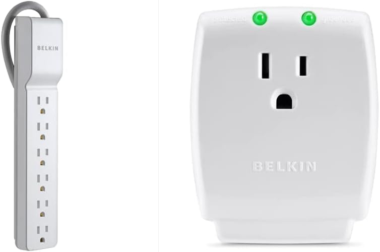 BelkinBelkin 6-Outlet Commercial Power Strip Surge Protector,White & 1-Outlet Home Series SurgeCube - Grounded Outlet Portable Wall Tap Adapter - White, 1080 JoulesBelkin
