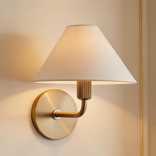 Modern Brass Indoor Light Fixtures with Shade Sconce, Elegant Linen Glow Sconce, Gold Wall Sconce,Fabric Wall Sconce for Living Room Bedroom, 9.4" w x 10.3" d x 10.25" h (Brass)