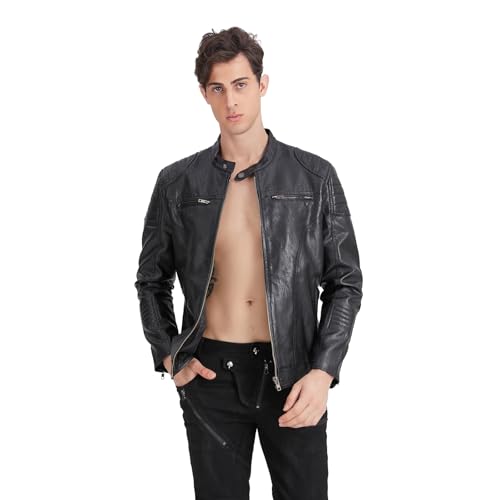 TZMAPU men's motorcycle PU leather jacket Punk style standing collar short jacket