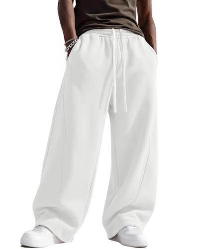 August Alley Mens Baggy Sweatpants Wide Leg Lounge Pants Drawstring Elastic Waist Loose Fit Casual Jogger with Pockets(Small White)