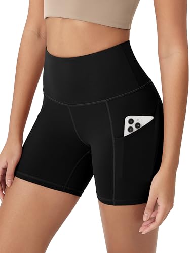 ODODOS 5' Tummy Control Biker Shorts for Women with Pockets High Waist Athletic Workout Yoga Shorts, Black, Large