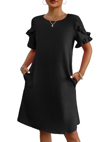 Image of HOTOUCH Womens Summer Dress 2025 Short Sleeve A-Line Mini Dress Casual Crew Neck Shift Dress Beach Sundress with Pockets